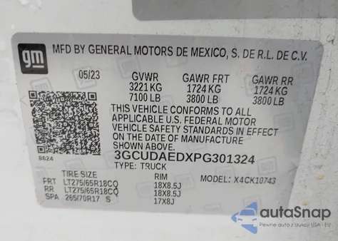 2023 Chevrolet Silverado 1500 4Wd Standard Bed Wt из США, поврежденный, VIN 3GCUDAEDXPG301324